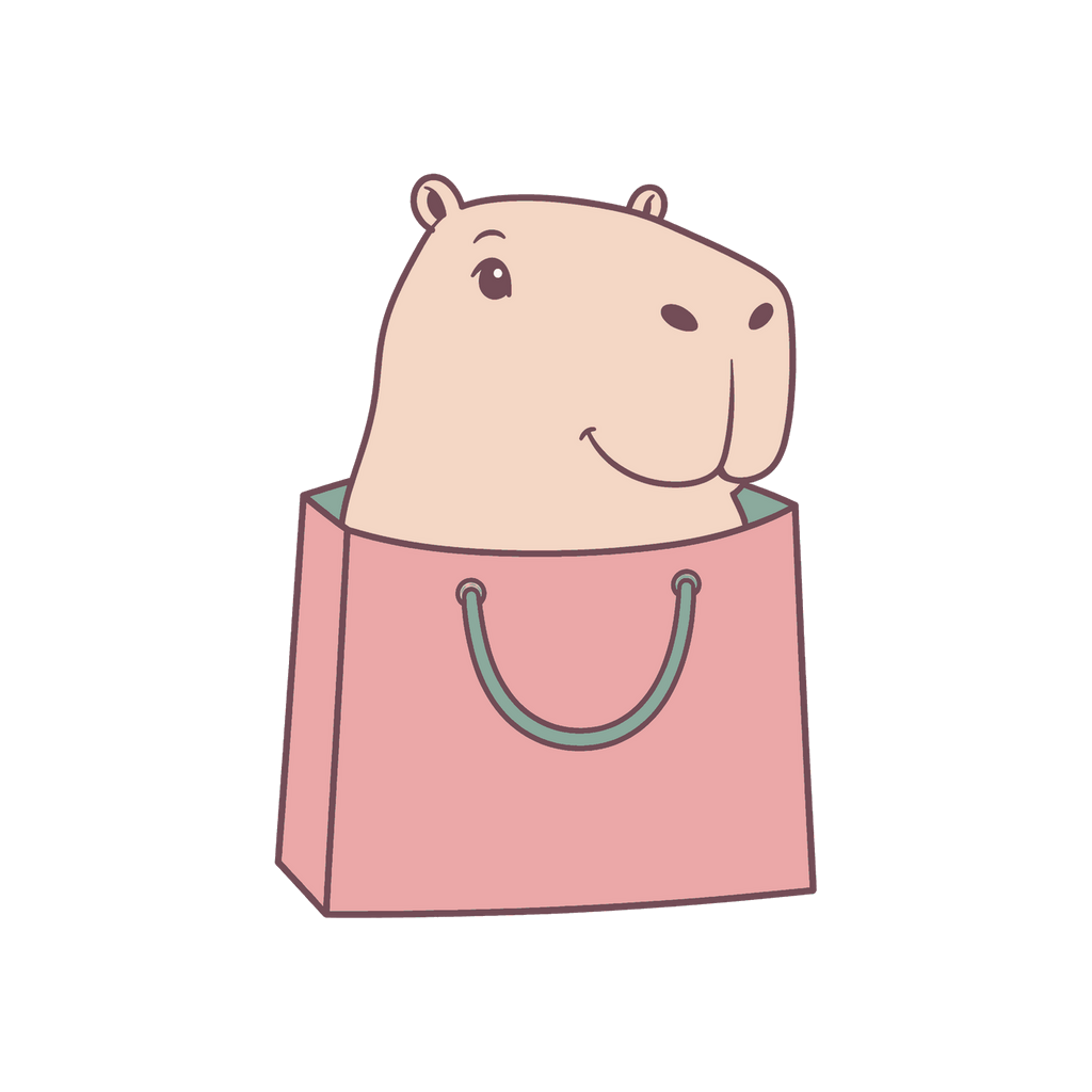 Mascote Malica — capivara dentro de uma sacola de compras